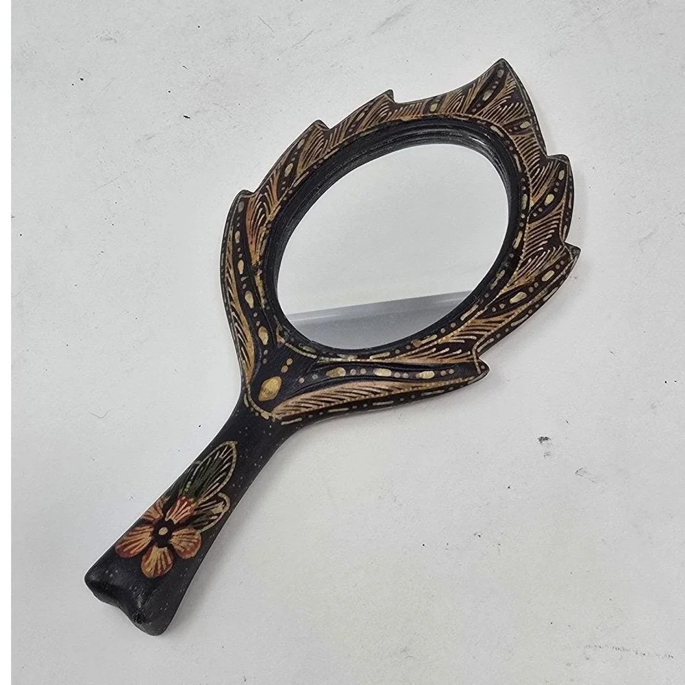 Vtg handheld mirror carved wood Asia Africa tribal earthy boho hippie folk art